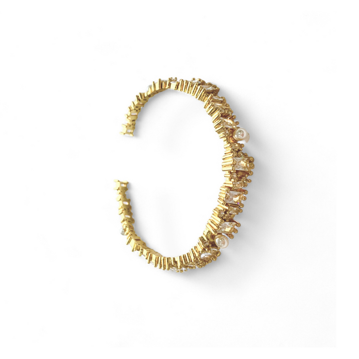 Baguette Crystal & Pearl Bangle Gold