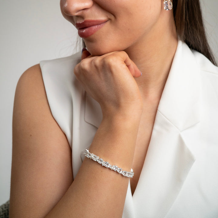 Baguette Crystal & Pearl Bangle Silver