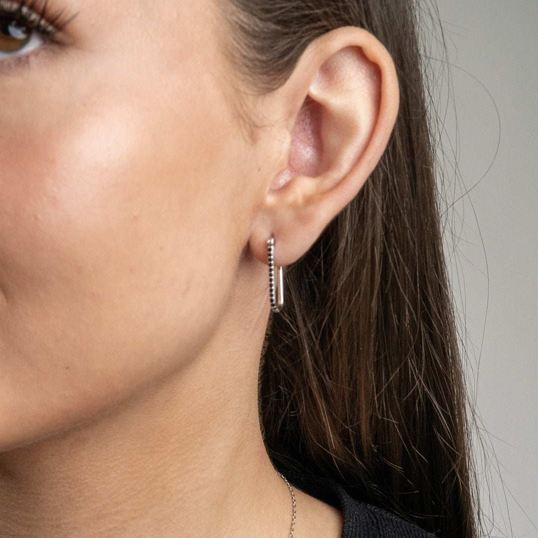 Black Crystal Oval Hoop Earrings Silver