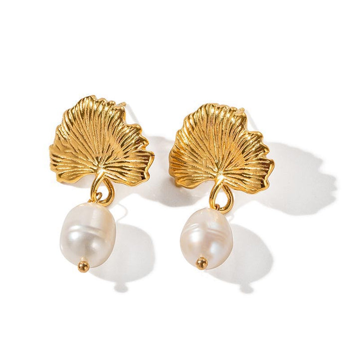 Ginkgo Pearl Drop Earrings Gold