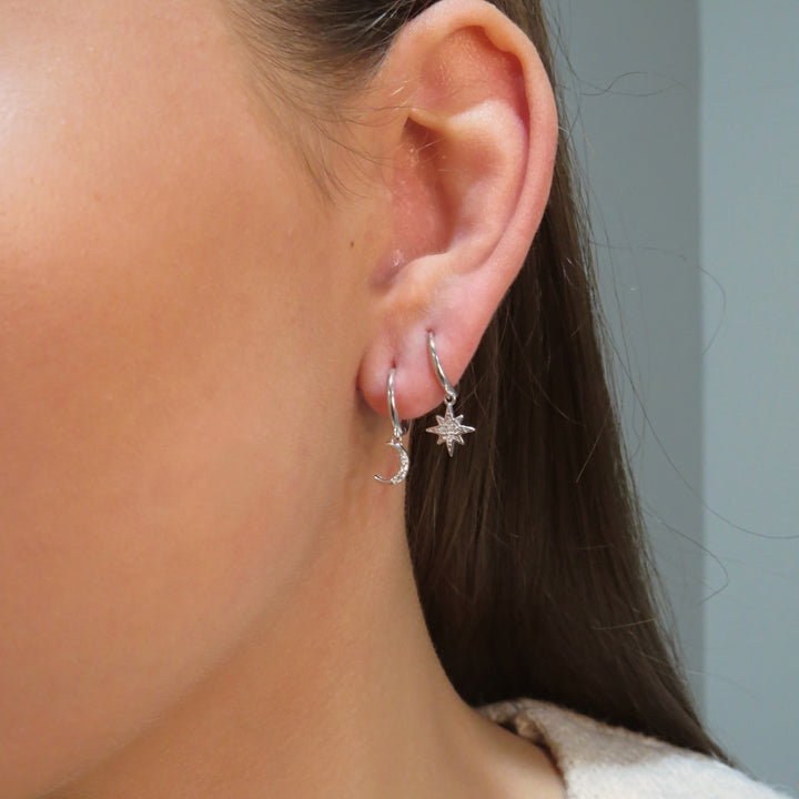 Moon & Star Huggie Earrings Silver