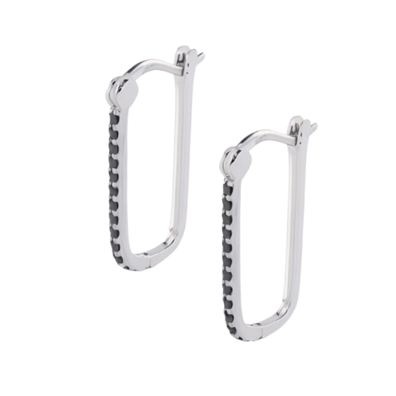 Black Crystal Oval Hoop Earrings Silver