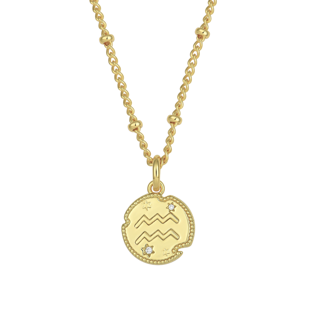Aquarius Zodiac Pendant Necklace Gold