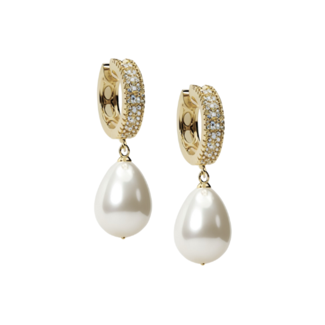 Alexandra Gold Pearl Hoop Earrings | Bridal Drop Pearl Earrings