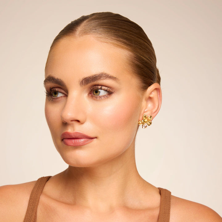 Crystal Petal Stud Earrings Gold