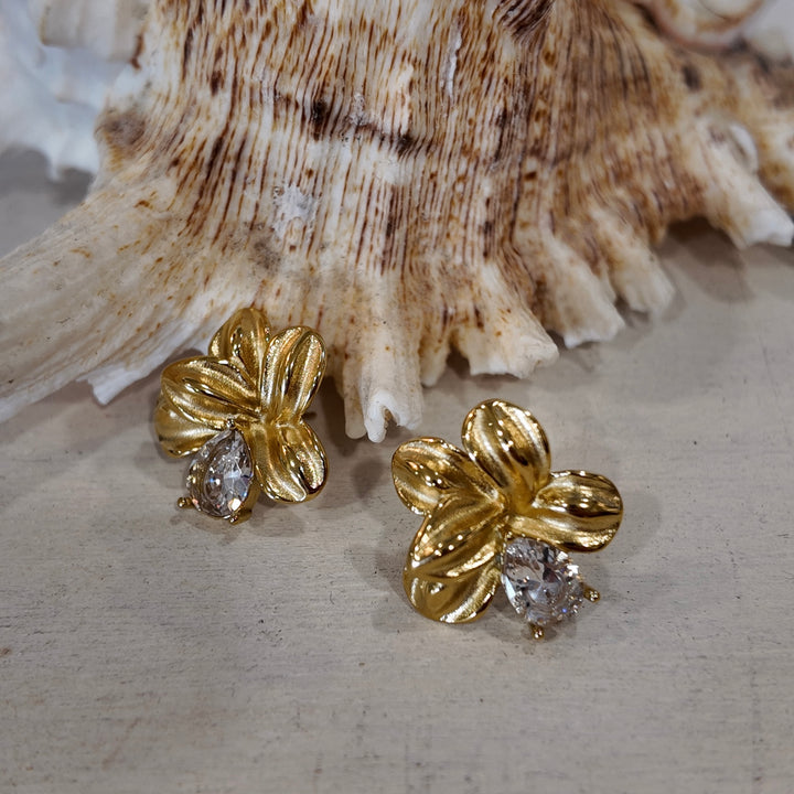 Crystal Petal Stud Earrings Gold