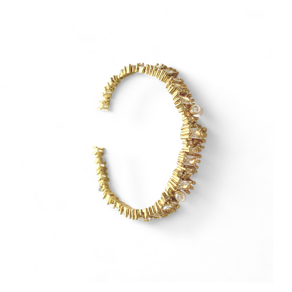 Baguette Crystal & Pearl Bangle Gold