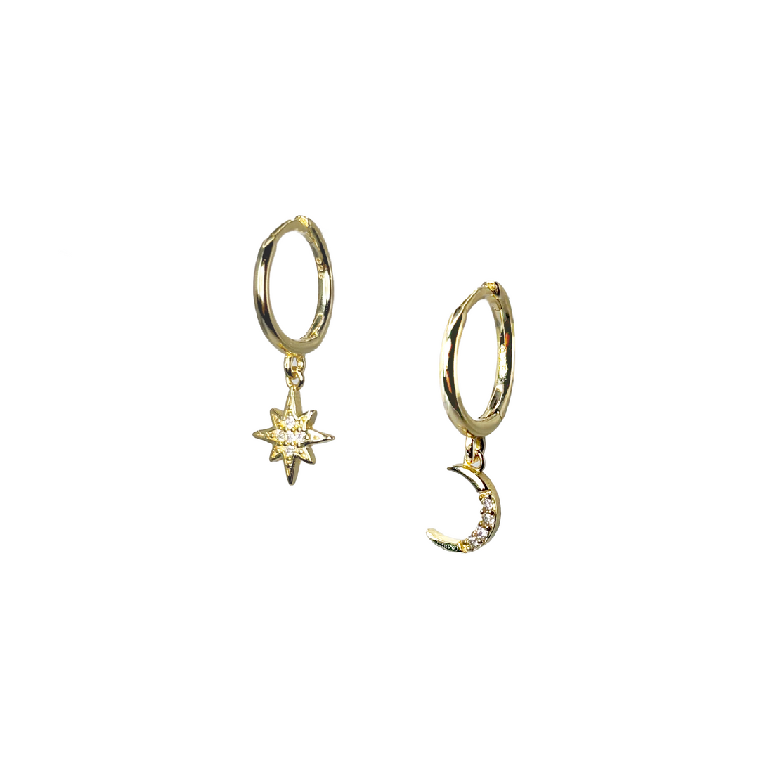 Moon & Star Huggie Earrings Gold