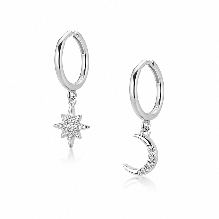 Moon & Star Huggie Earrings Silver