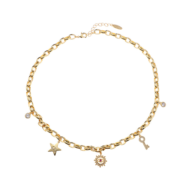 Helene Charm Necklace Gold White CZ Ruby CZ