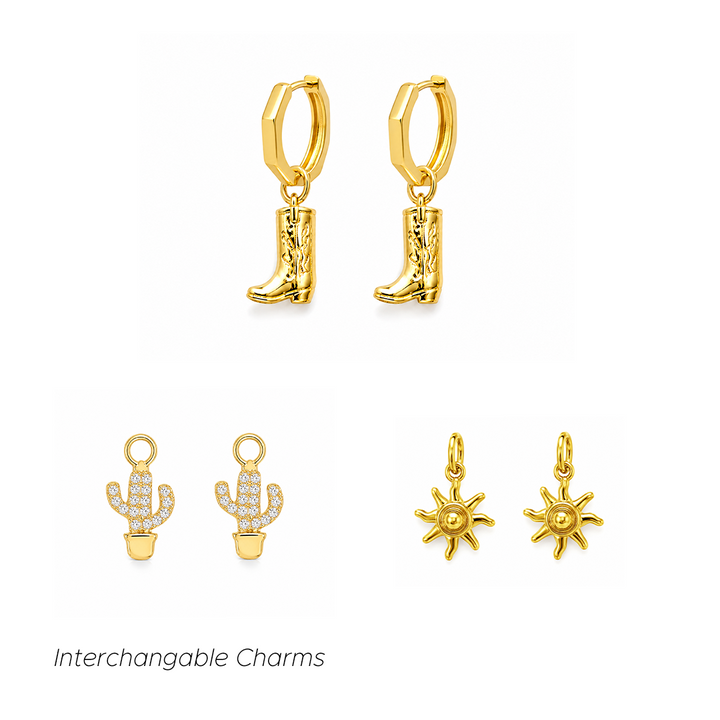 Howdy Honey Charm Earrings Gold interchangeable huggie earring set featuring gold huggies with cowboy boot, cactus and sun charms.