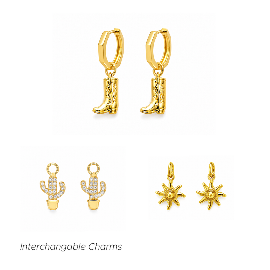 Howdy Honey Charm Earrings Gold interchangeable huggie earring set featuring gold huggies with cowboy boot, cactus and sun charms.
