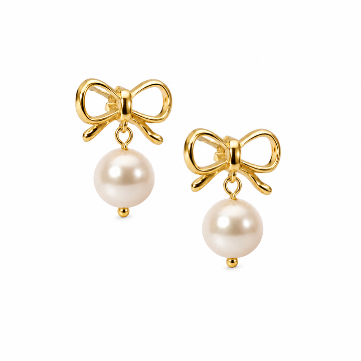 Bow Pearl Stud Earrings Gold
