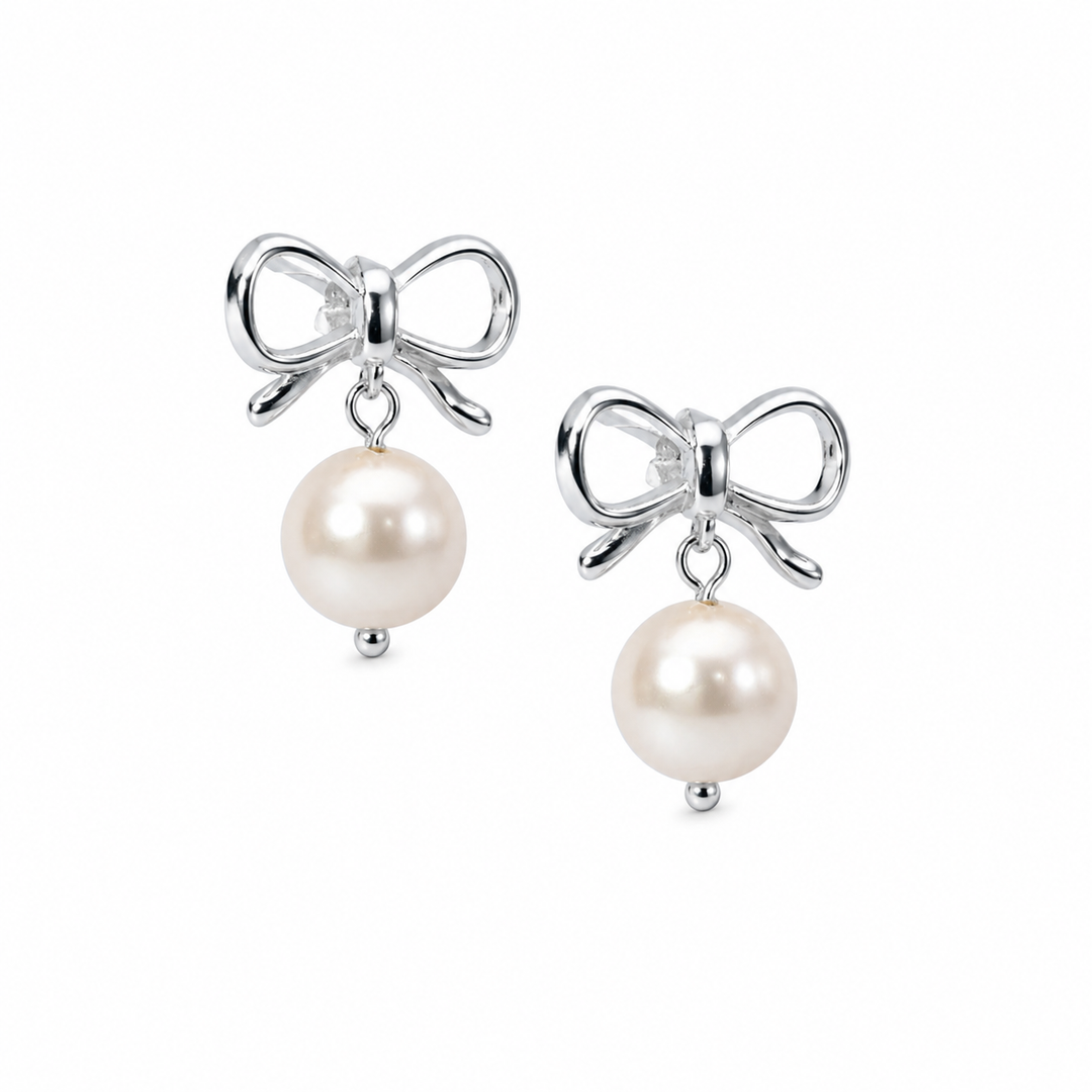 Bow Pearl Stud Earrings Silver