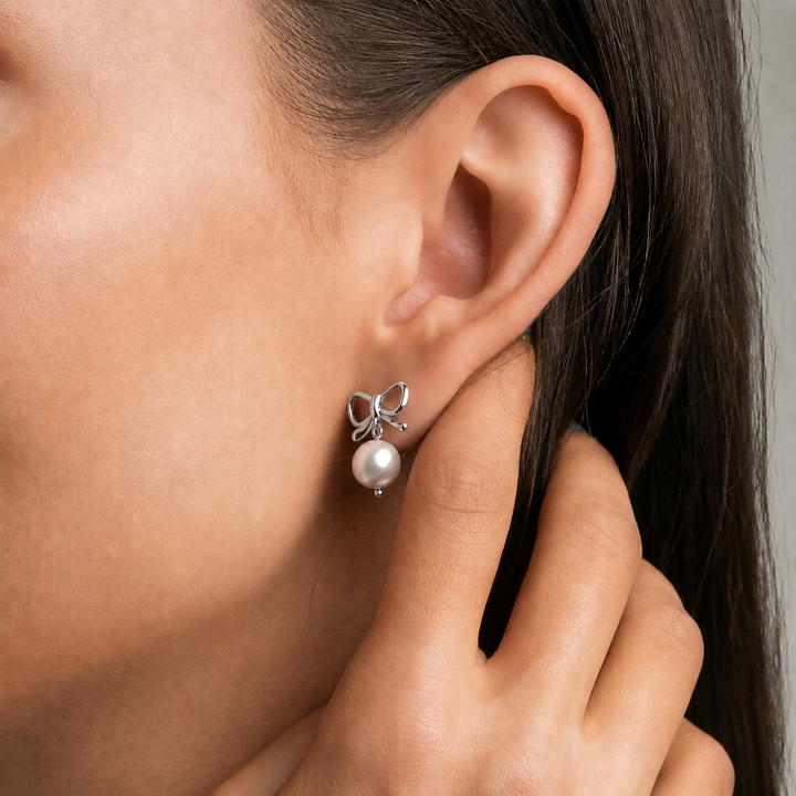 Bow Pearl Stud Earrings Silver