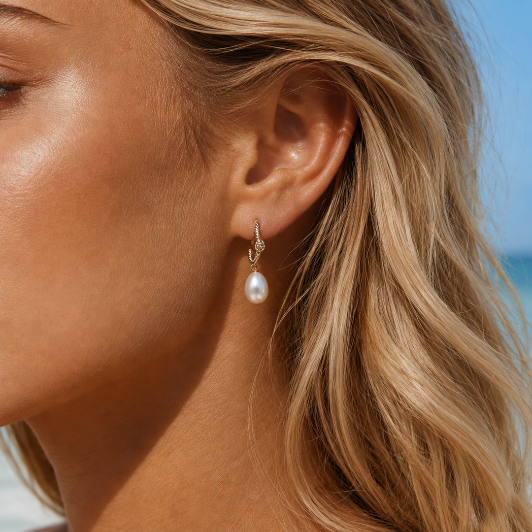 Lena Hoop Earrings Drop Pearl Gold