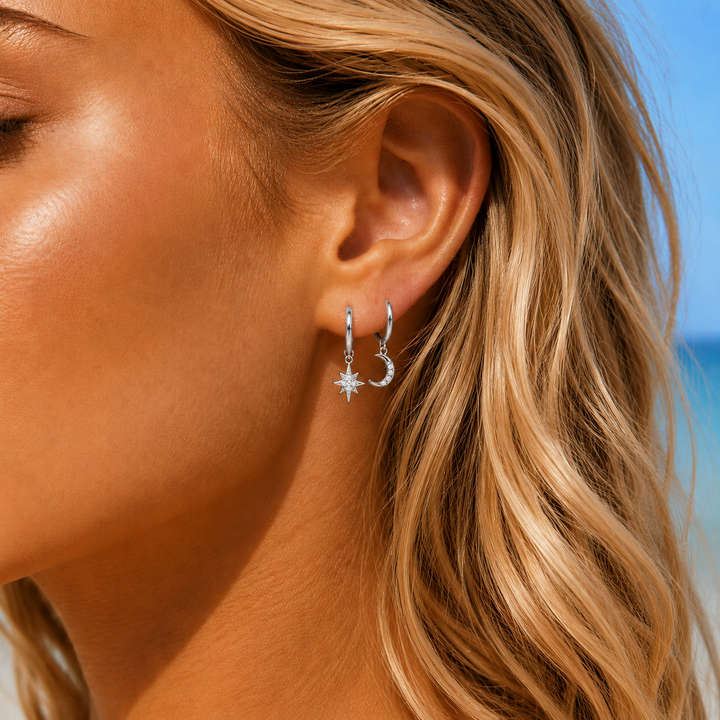 Moon & Star Huggie Earrings Silver